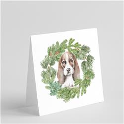5 x 5 in. Unisex Basset Hound Puppy Brown White & Black with Christmas Wreath Square Greeting Cards & Envelopes, Multi Color - Pack of 8
