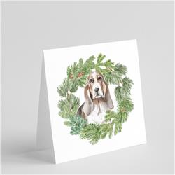 CK8858GC55 5 x 5 in. Unisex Basset Hound Tricolor with Christmas Wreath Square Greeting Cards & Envelopes, Multi Color - Pack of 8