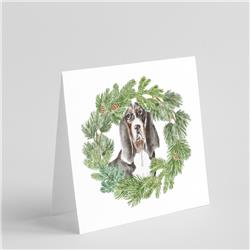 CK8859GC55 5 x 5 in. Unisex Basset Hound Black & White & Brown with Christmas Wreath Square Greeting Cards & Envelopes, Multi Color - Pack of 8