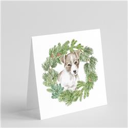 5 x 5 in. Unisex Jack Russell Terrier Puppy Chestnut & White with Christmas Wreath Square Greeting Cards & Envelopes, Multi Color - Pack of 8