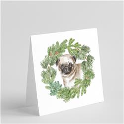 CK8865GC55 5 x 5 in. Unisex Pug Puppy Fawn with Christmas Wreath Square Greeting Cards & Envelopes, Multi Color - Pack of 8