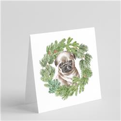 CK8866GC55 5 x 5 in. Unisex Pug Puppy Fawn Head Tilt with Christmas Wreath Square Greeting Cards & Envelopes, Multi Color - Pack of 8