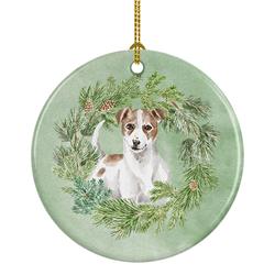 2.8 x 2.8 in. Unisex Jack Russell Terrier Chestnut & White Christmas Wreath Ceramic Ornament