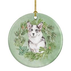 2.8 x 2.8 in. Unisex Corgi Blue Merle Christmas Wreath Ceramic Ornament
