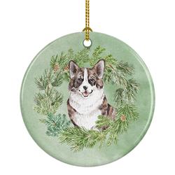 2.8 x 2.8 in. Unisex Corgi Brindle Christmas Wreath Ceramic Ornament