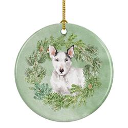 2.8 x 2.8 in. Unisex Bull Terrier White Christmas Wreath Ceramic Ornament