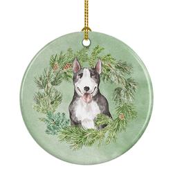 2.8 x 2.8 in. Unisex Bull Terrier Black & White Christmas Wreath Ceramic Ornament