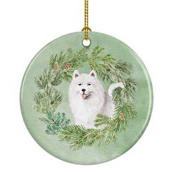 2.8 x 2.8 in. Unisex Samoyed Smiling Christmas Wreath Ceramic Ornament