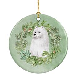 2.8 x 2.8 in. Unisex Samoyed Sitting Christmas Wreath Ceramic Ornament