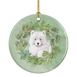 2.8 x 2.8 in. Unisex Samoyed Puppy Christmas Wreath Ceramic Ornament