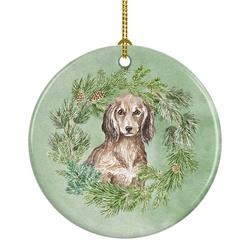 2.8 x 2.8 in. Unisex Dachshund Sable Longhaired Christmas Wreath Ceramic Ornament
