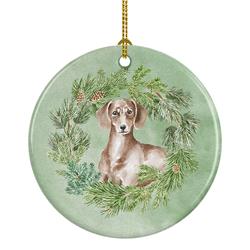 2.8 x 2.8 in. Unisex Dachshund Red Christmas Wreath Ceramic Ornament