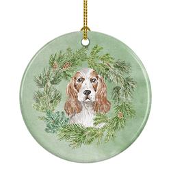 2.8 x 2.8 in. Unisex Cocker Spaniel Red & White Christmas Wreath Ceramic Ornament