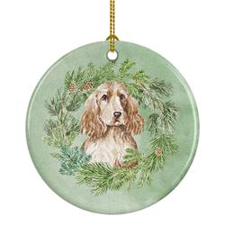 2.8 x 2.8 in. Unisex Cocker Spaniel Golden Christmas Wreath Ceramic Ornament
