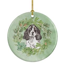 2.8 x 2.8 in. Unisex Cocker Spaniel Black & White Ticked Christmas Wreath Ceramic Ornament