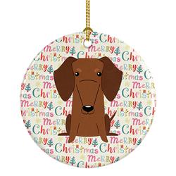 2.8 x 2.8 in. Unisex Merry Christmas Dachshund Red Brown Ceramic Ornament, Multi Color