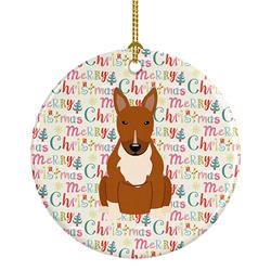 2.8 x 2.8 in. Unisex Merry Christmas Bull Terrier Red Ceramic Ornament, Multi Color