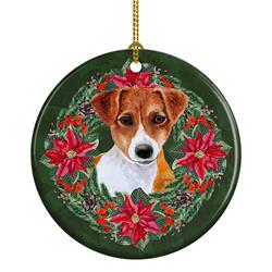 2.8 x 2.8 in. Unisex Jack Russell Terrier Poinsetta Wreath Ceramic Ornament