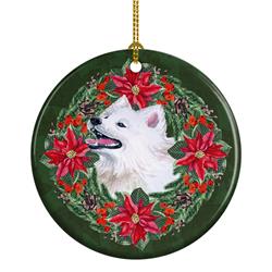 2.8 x 2.8 in. Unisex Samoyed Poinsetta Wreath Ceramic Ornament