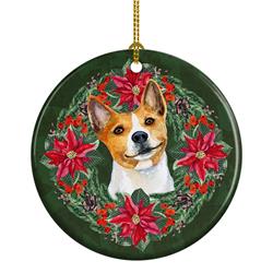 2.8 x 2.8 in. Unisex Basenji Poinsetta Wreath Ceramic Ornament