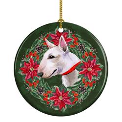 2.8 x 2.8 in. Unisex Bull Terrier Poinsetta Wreath Ceramic Ornament