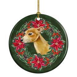 2.8 x 2.8 in. Unisex Italian Greyhound Poinsetta Wreath Ceramic Ornament