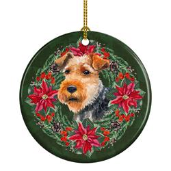 2.8 x 2.8 in. Unisex Welsh Terrier Poinsetta Wreath Ceramic Ornament