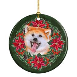 2.8 x 2.8 in. Unisex Akita Poinsetta Wreath Ceramic Ornament