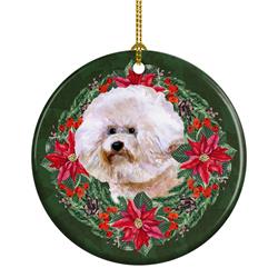 2.8 x 2.8 in. Unisex Bichon Frise No.2 Poinsetta Wreath Ceramic Ornament