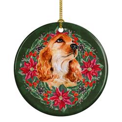 2.8 x 2.8 in. Unisex Cocker Spaniel Poinsetta Wreath Ceramic Ornament