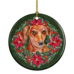 2.8 x 2.8 in. Unisex Red Dachshund Poinsetta Wreath Ceramic Ornament
