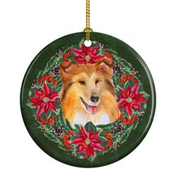2.8 x 2.8 in. Unisex Sheltie Poinsetta Wreath Ceramic Ornament