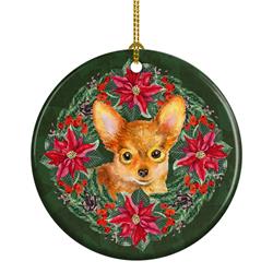 2.8 x 2.8 in. Unisex Toy Terrier Poinsetta Wreath Ceramic Ornament