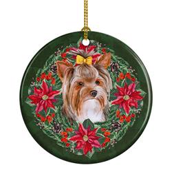 2.8 x 2.8 in. Unisex Yorkshire Terrier No.2 Poinsetta Wreath Ceramic Ornament