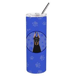 Picture of Carolines Treasures WDK1041TBL20 8.25 x 3 in. Unisex Doberman Pinscher Black & Rust Cropped Ears Stainless Steel 20 oz Skinny Tumbler&#44; Blue