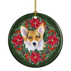 2.8 x 2.8 in. Unisex Pembroke Corgi Poinsetta Wreath Ceramic Ornament