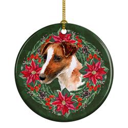 2.8 x 2.8 in. Unisex Smooth Fox Terrier Poinsetta Wreath Ceramic Ornament