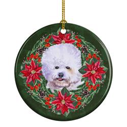 2.8 x 2.8 in. Unisex Bichon Frise Poinsetta Wreath Ceramic Ornament