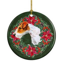 2.8 x 2.8 in. Unisex Fox Terrier Poinsetta Wreath Ceramic Ornament