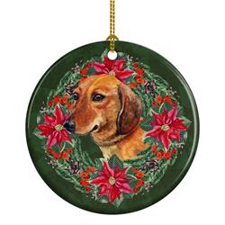 2.8 x 2.8 in. Unisex Dachshund Poinsetta Wreath Ceramic Ornament