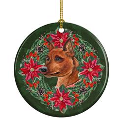 2.8 x 2.8 in. Unisex Miniature Pinscher Poinsetta Wreath Ceramic Ornament