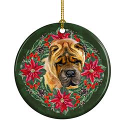 2.8 x 2.8 in. Unisex Shar Pei Poinsetta Wreath Ceramic Ornament