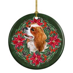 2.8 x 2.8 in. Unisex Cavalier Spaniel Poinsetta Wreath Ceramic Ornament