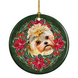 2.8 x 2.8 in. Unisex Morkie Poinsetta Wreath Ceramic Ornament