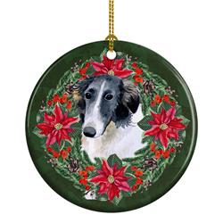 2.8 x 2.8 in. Unisex Borzoi Poinsetta Wreath Ceramic Ornament