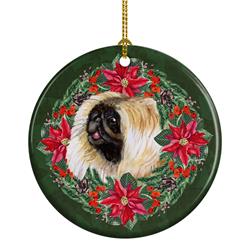 2.8 x 2.8 in. Unisex Pekingese Poinsetta Wreath Ceramic Ornament