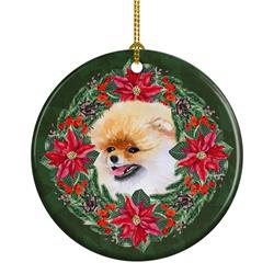 2.8 x 2.8 in. Unisex Pomeranian Poinsetta Wreath Ceramic Ornament