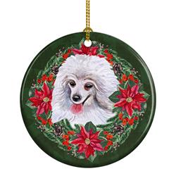 2.8 x 2.8 in. Unisex Medium White Poodle Poinsetta Wreath Ceramic Ornament