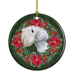 2.8 x 2.8 in. Unisex Sealyham Terrier Poinsetta Wreath Ceramic Ornament