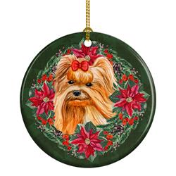 2.8 x 2.8 in. Unisex Yorkshire Terrier Poinsetta Wreath Ceramic Ornament